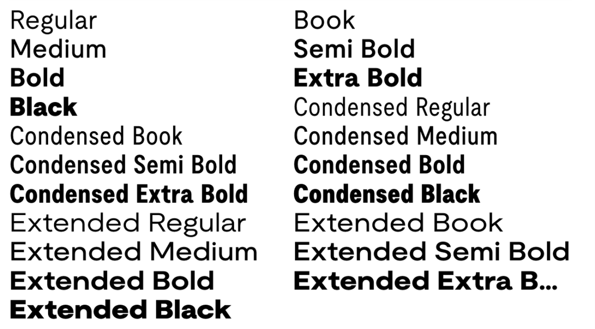 Lettertype Moderat (breedtes en diktes)